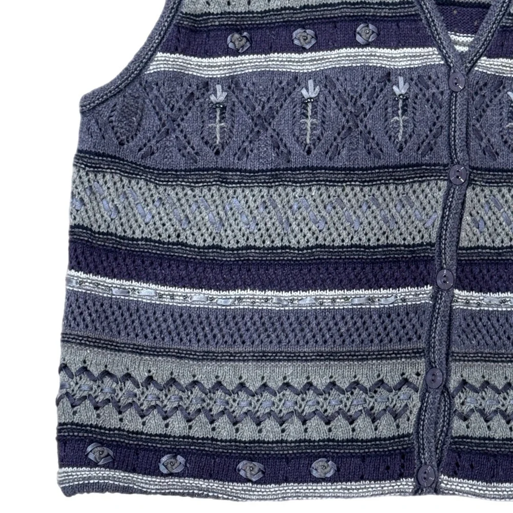 Vintage Koret Sweater Vest Floral Knit Patterned Purple Women's Medium